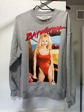 Baywatch Graphic Crewneck Sweatshirt - Gray with Red Print